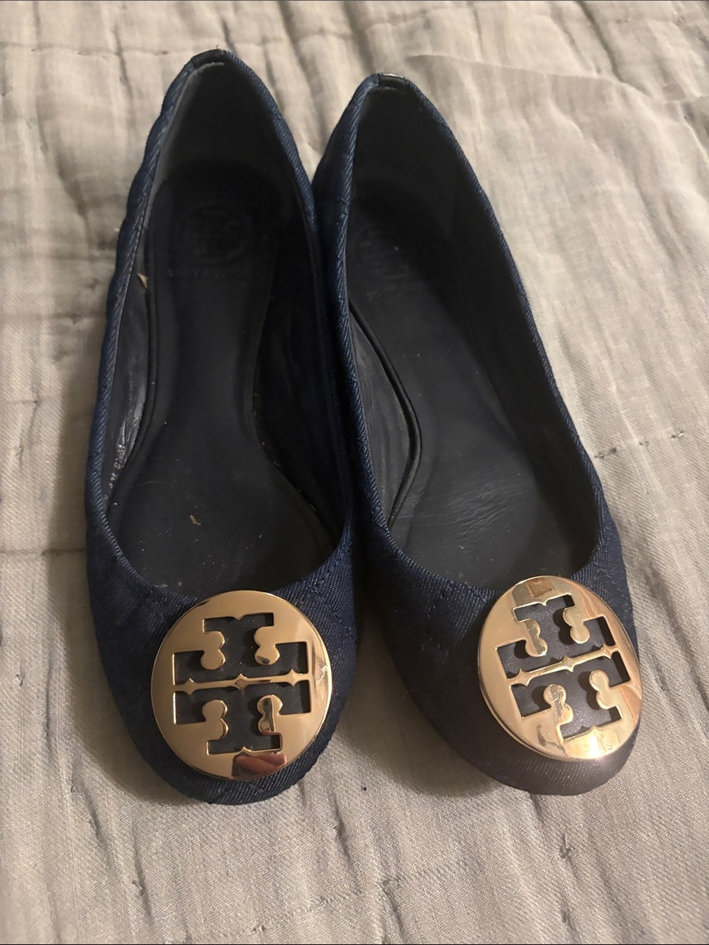 Tory Burch Navy quilted Flats with Gold Logo Medallions 8.5